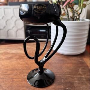 Vintage Makora Krosno Poland Black Art Glass Octopus Jellyfish Pedestal Bowl